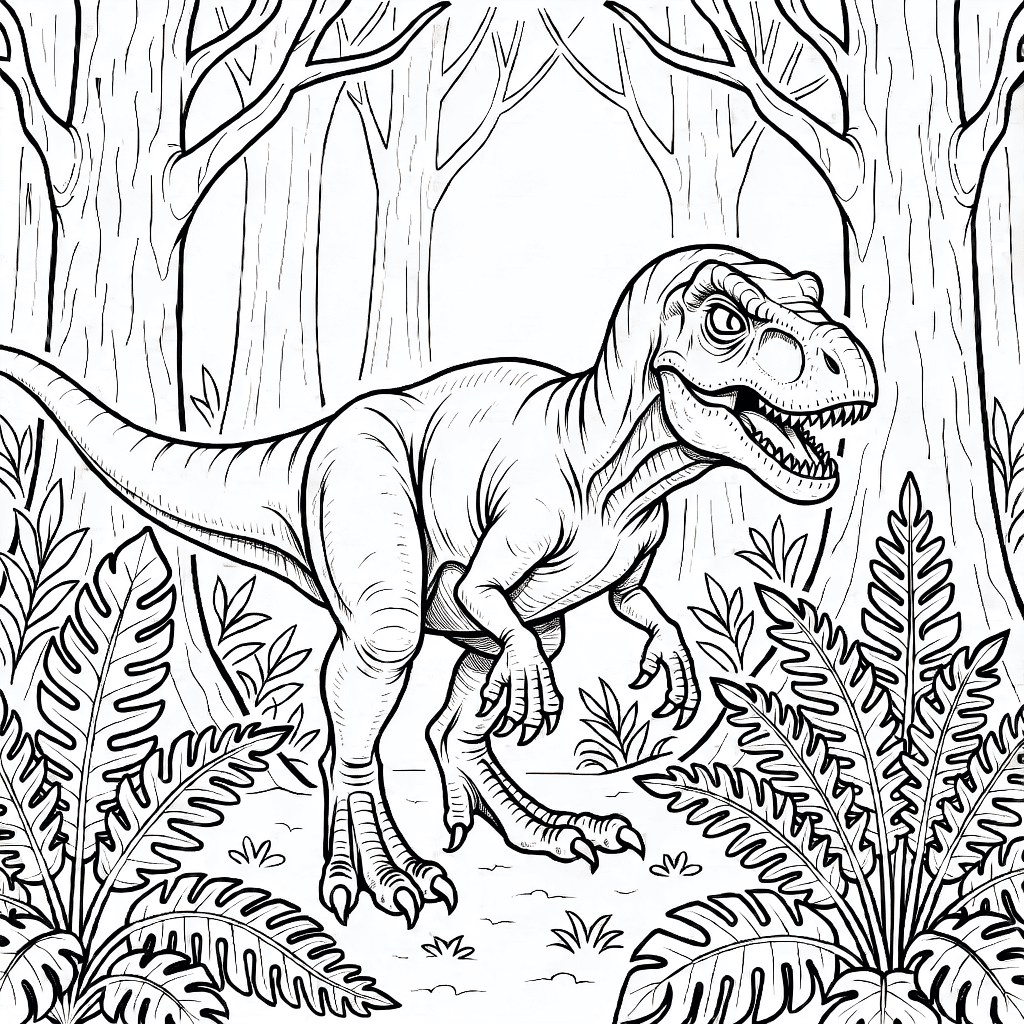Realistic velociraptor dinosaur in hunting posture amidst dense jungle with tall trees and large ferns
