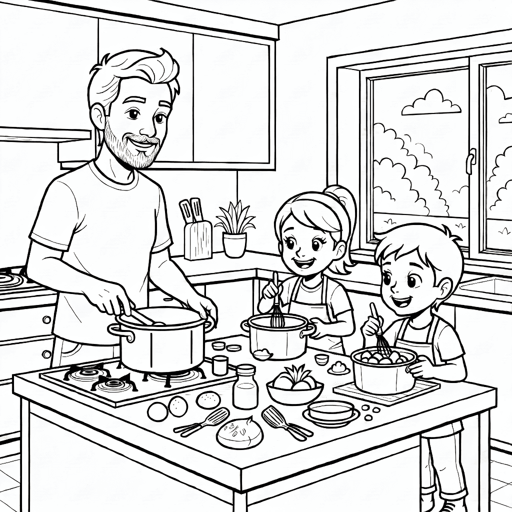 Family of four cooking dinner together in a modern kitchen around a kitchen island with utensils and ingredients