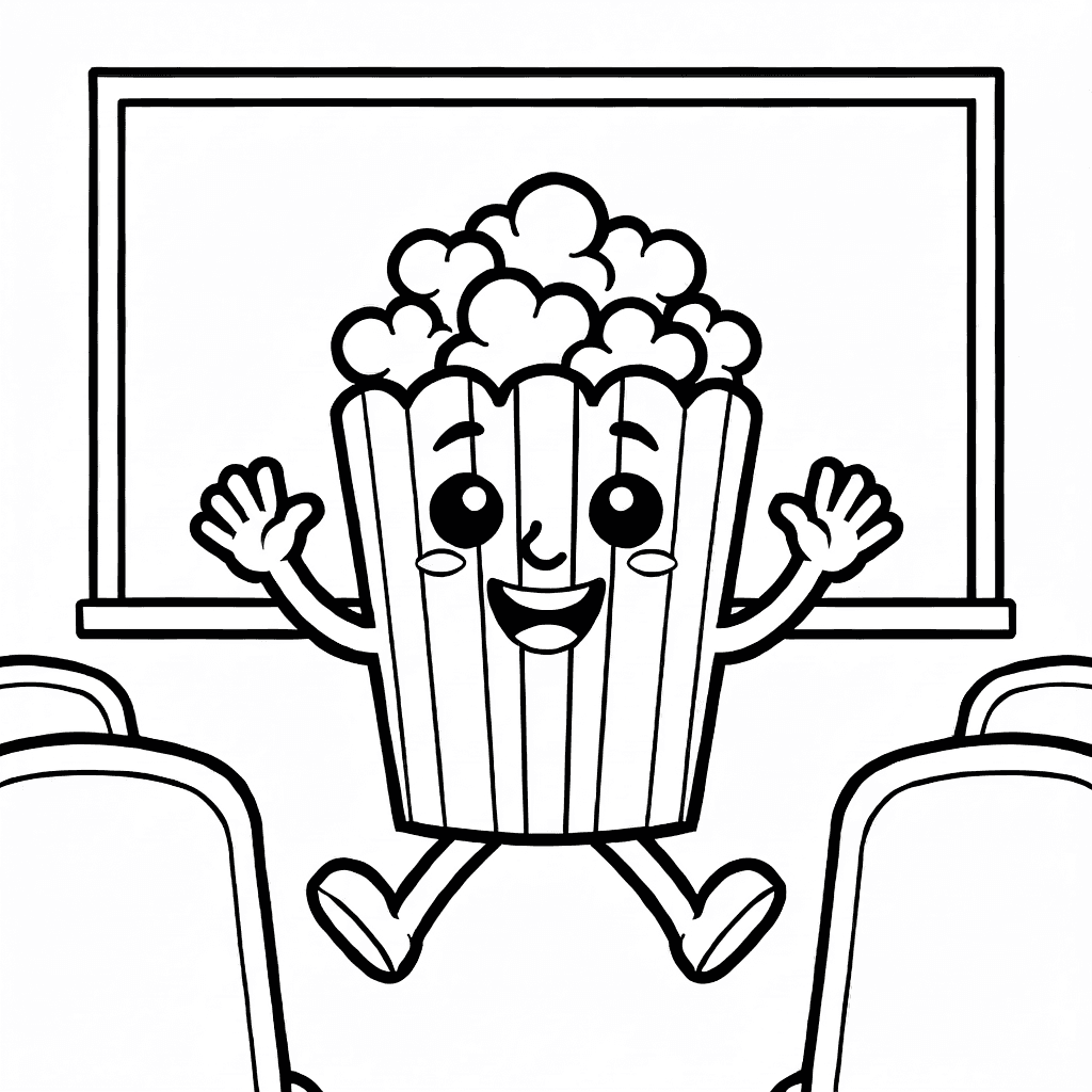 Lächelnde Popcornbox mit Armen und Beinen springt vor einer Kinoleinwand und Sitzen