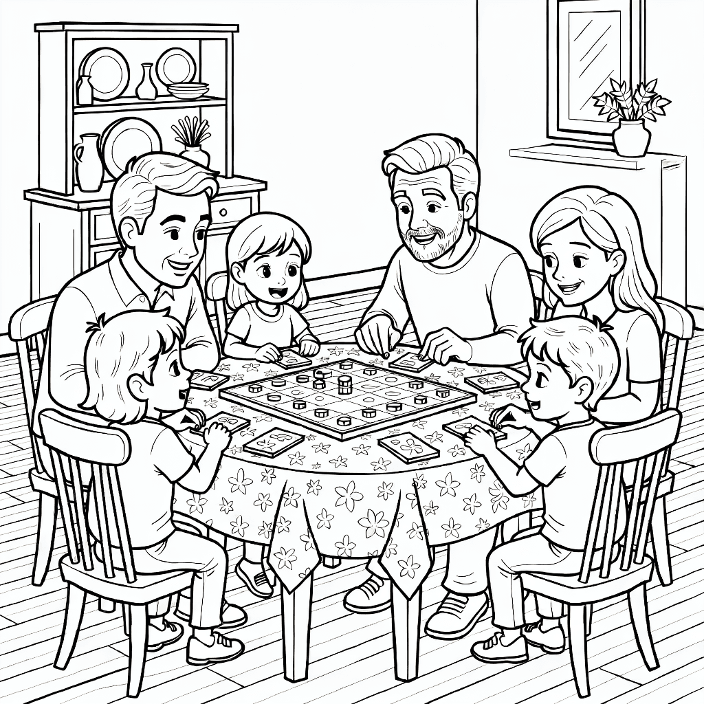 Kinder und Eltern spielen Brettspiele am Esstisch mit detaillierten Gesichtsausdrücken und gemustertem Tischtuch