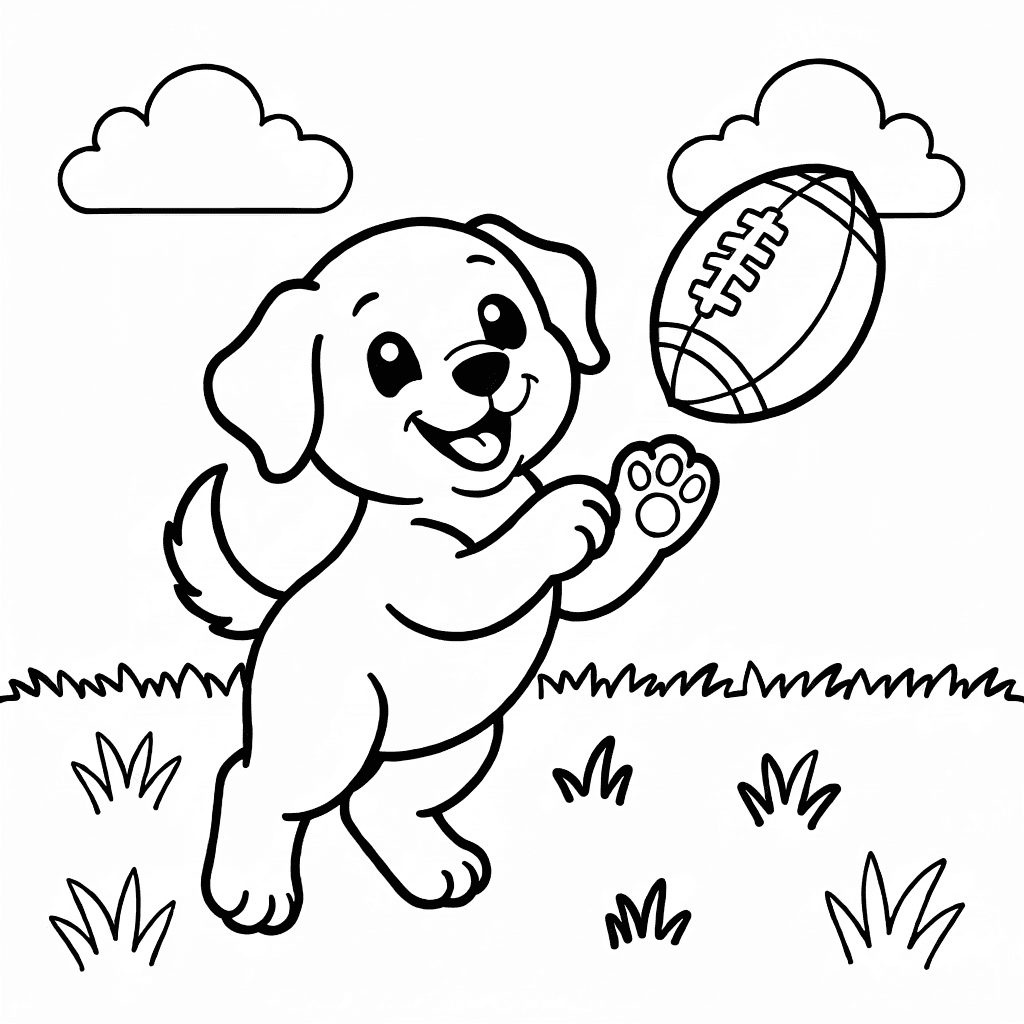 Perrito sonriente atrapando un balón de fútbol en el aire en campo soleado con pasto y nubes