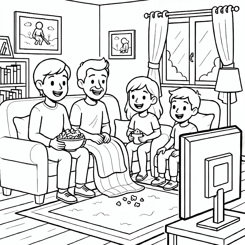 Family sitting on couch watching a movie together with popcorn and blankets