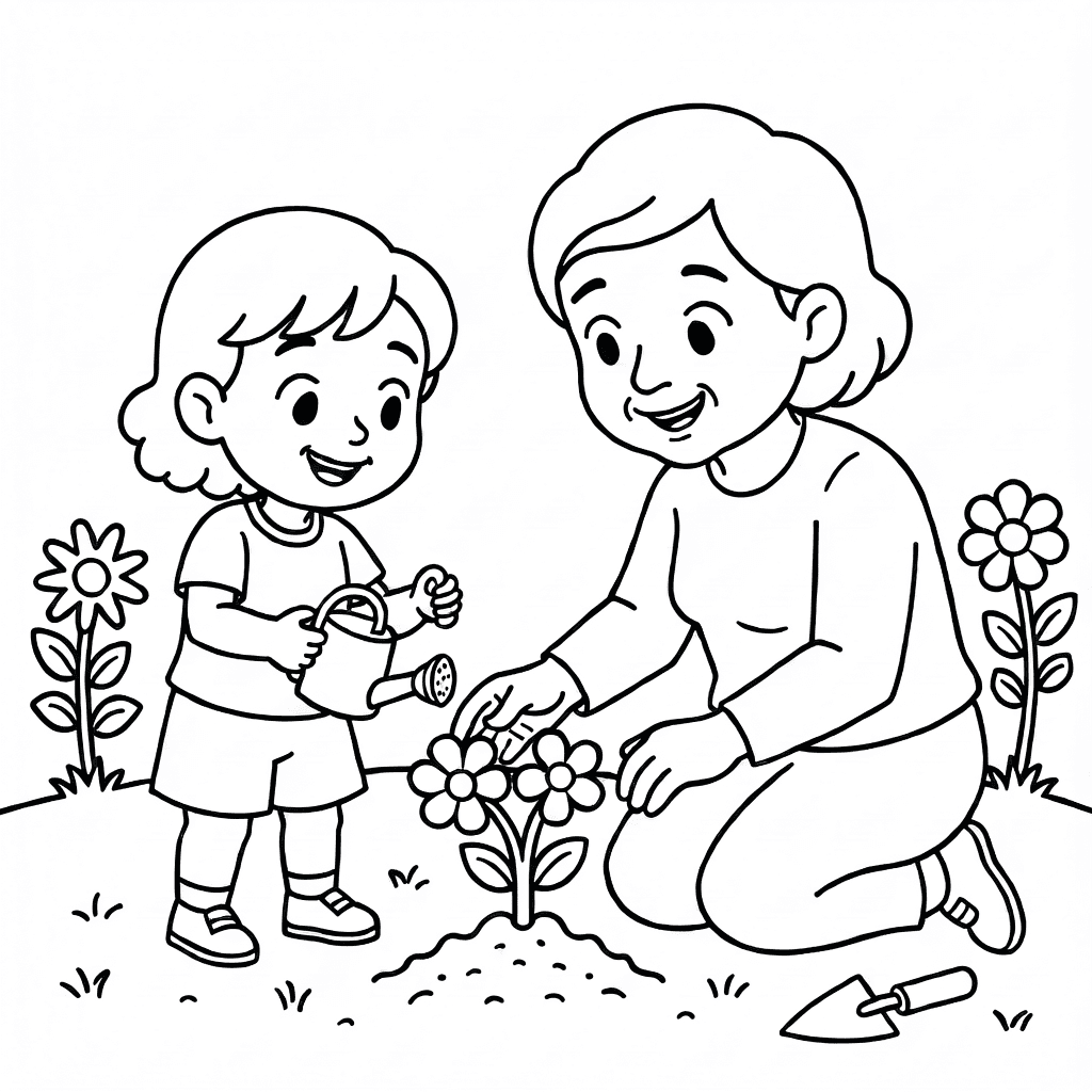 A child smiling and holding a watering can while a grandparent kneels guiding the child's hand to plant a flower in a garden