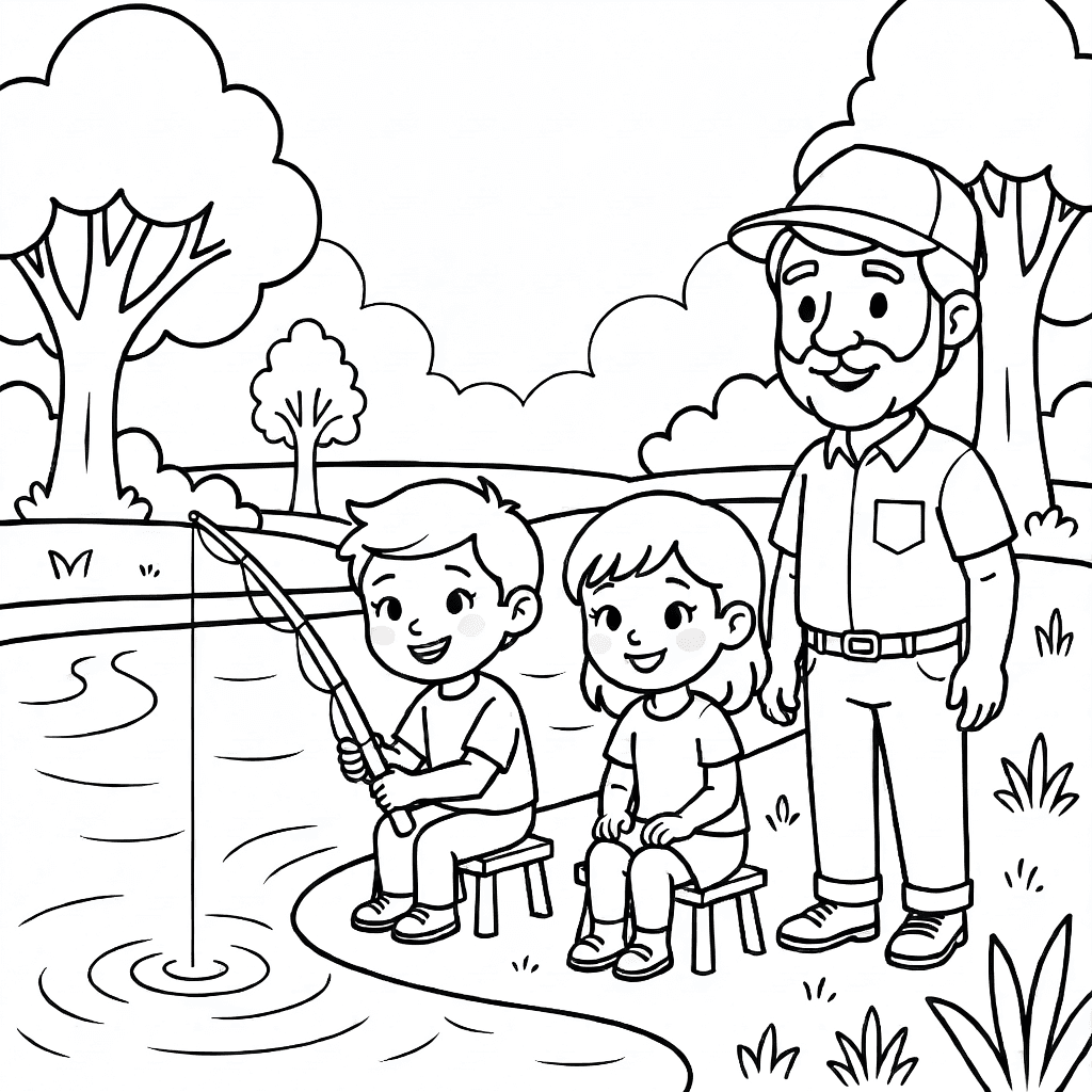 A cheerful boy and girl fishing by a calm river with their dad nearby, surrounded by trees and gentle water ripples