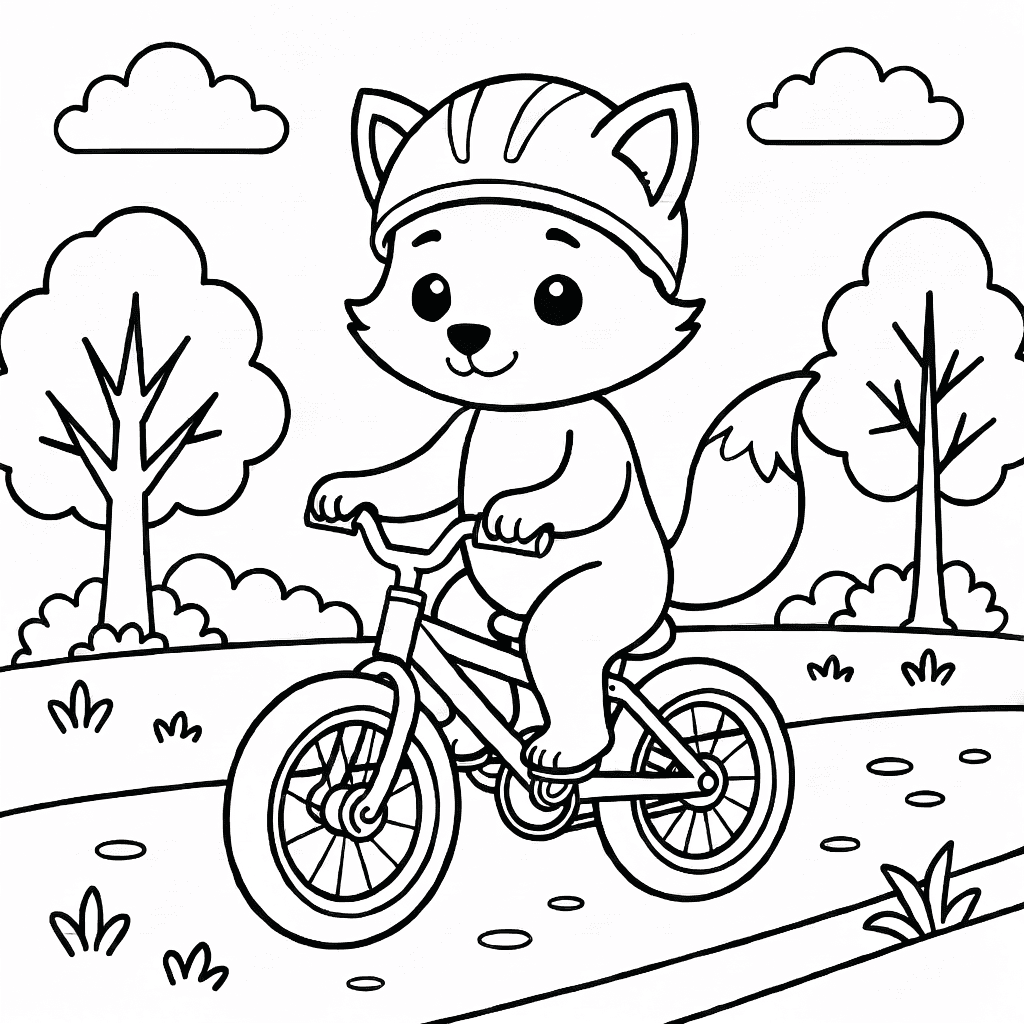 Zorro pequeño con casco sentado en bicicleta con árboles y camino al aire libre