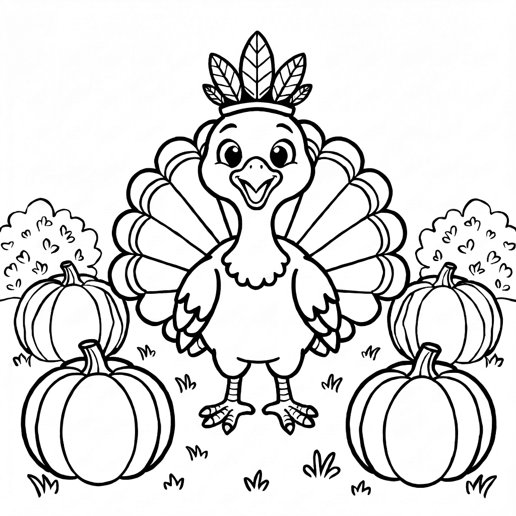 Friendly smiling turkey with feather crown standing in a field of large pumpkins and two small bushes