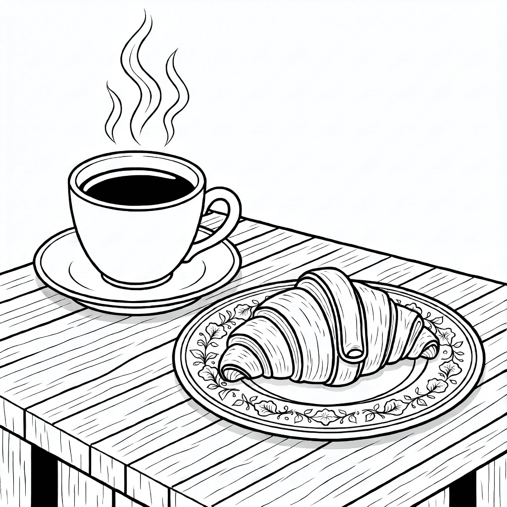 Eine dampfende Tasse schwarzer Kaffee auf einer Untertasse neben einem knusprigen Croissant auf einem strukturierten Tisch