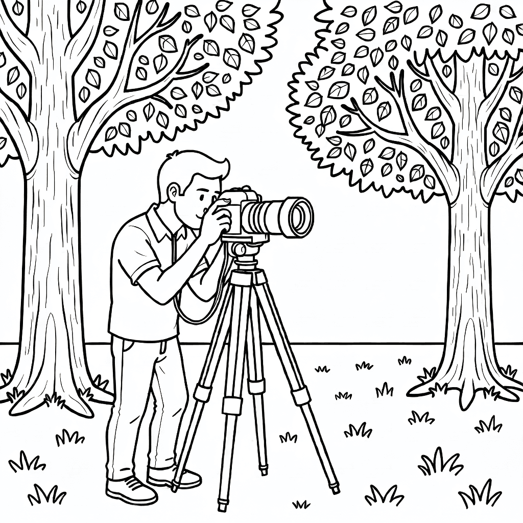 Fotograf stellt Kamera auf Stativ im Park mit detaillierten Bäumen und Gras ein