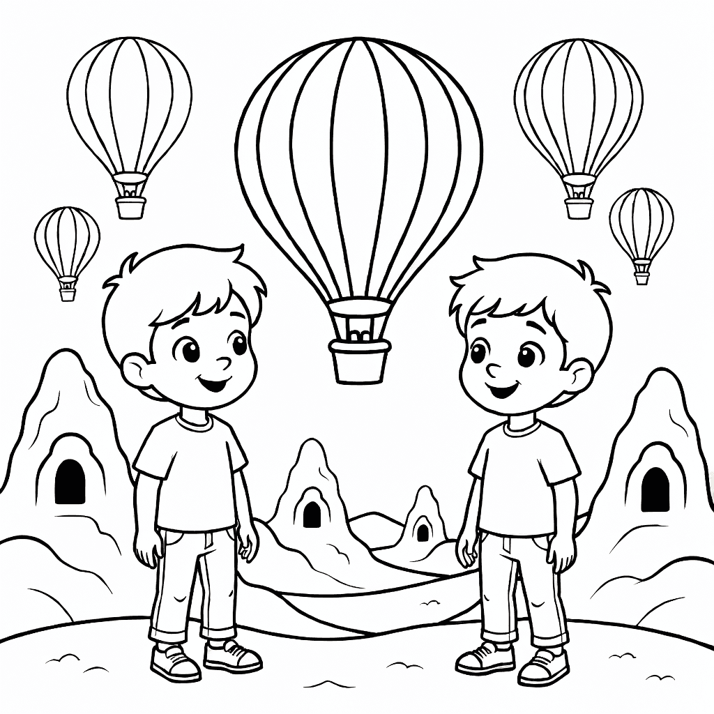 Child watching colorful hot air balloons floating above whimsical rocky formations